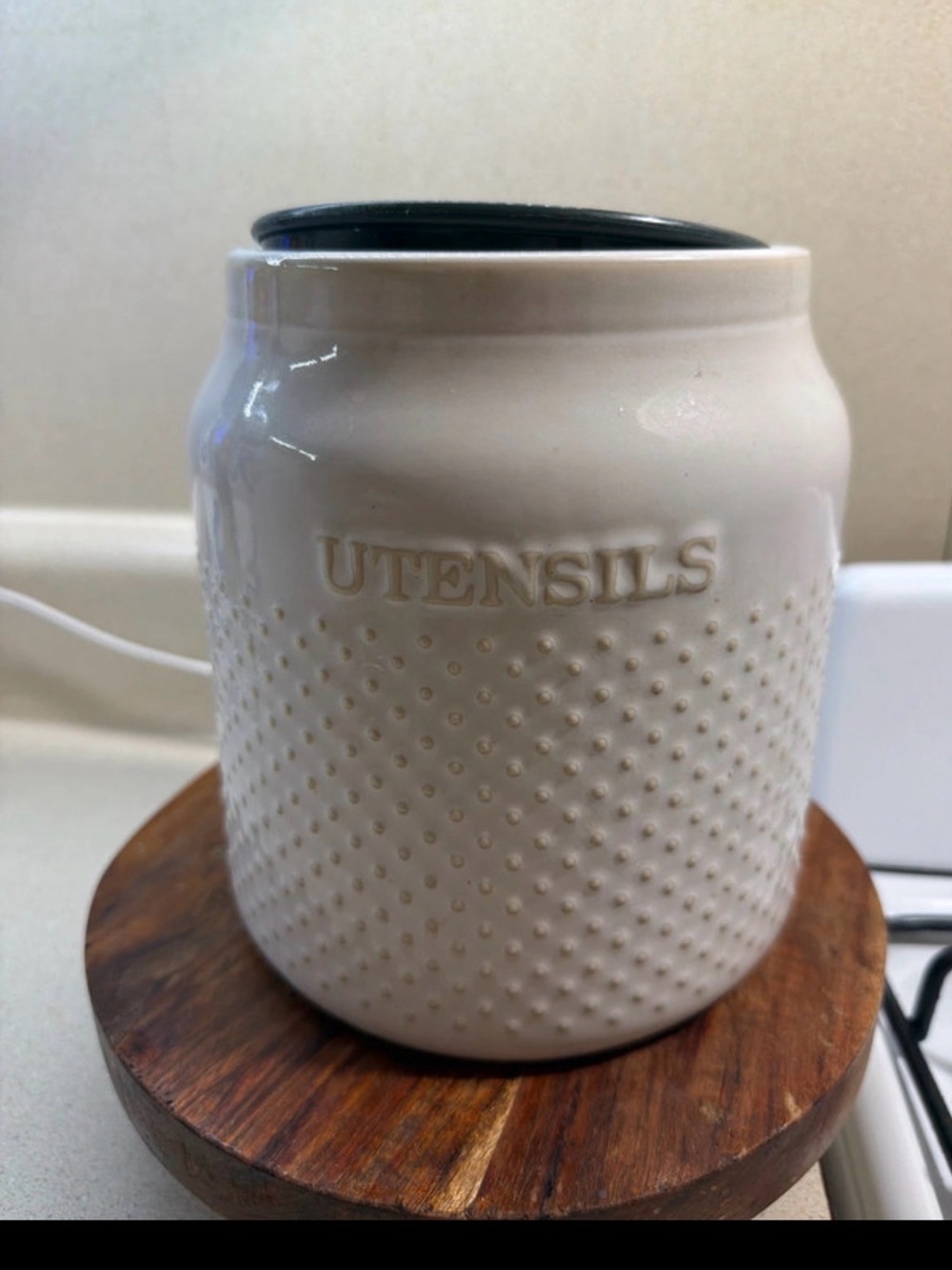 Cream Ceramic Utensil Holder - Textured Kitchen Jar